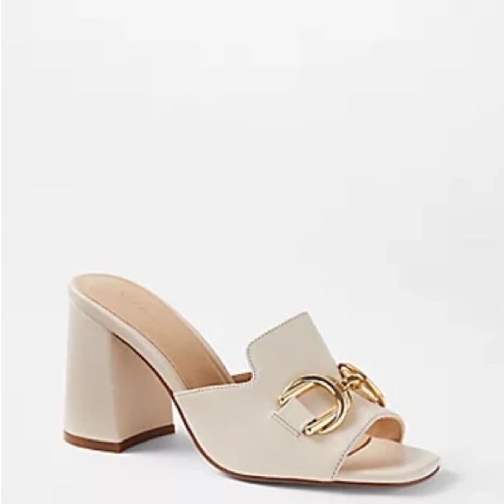 Ann Taylor Cream and Gold Buckle Mules